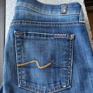7 For All Mankind Josefina Blue Denim Jeans Pocket Detail with Yellow Stitching
